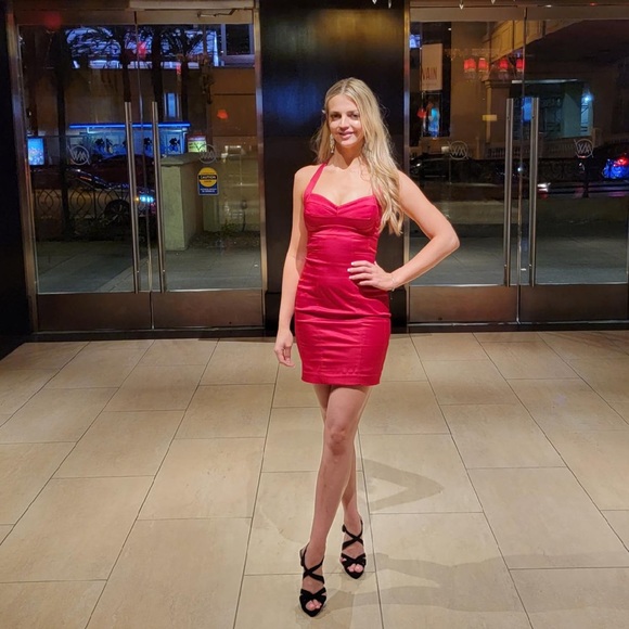 Bebe RED HOT CHILI PEPPER Bustier bodice zipper satin sexy Valentine dress Vegas - Picture 2 of 9